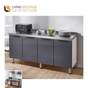 160cm Grey Tempered Glass Door Stainless Steel Top Wooden Kitchen Cabinet