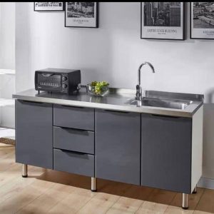 Grey Tempered Glass Door Stainless Steel Top Wooden Kitchen Cabinet