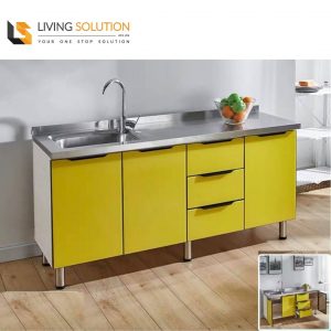 160cm Yellow Tempered Glass Door Stainless Steel Top Wooden Kitchen Cabinet
