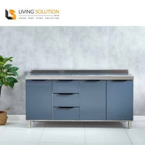 160cm Grey Tempered Glass Door Stainless Steel Kitchen Cabinet with Drawers