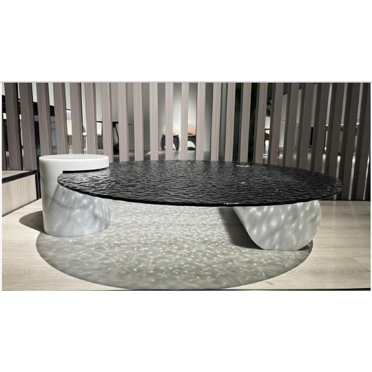 Lethia Water Textured Glass Designer Coffee Table with Cultured Marble Base