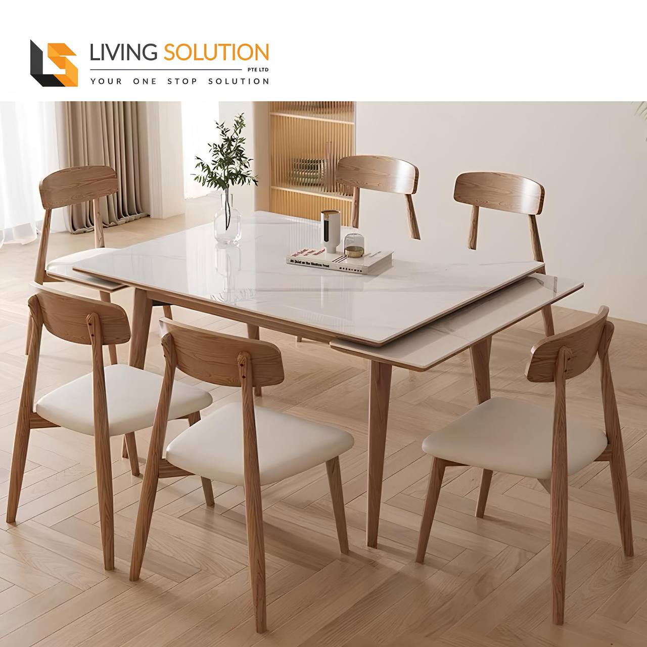 Basilic Sintered Stone Ash Wood Side Extendable Dining Table Basilic Sintered Stone Ash Wood Side Extendable Dining Table