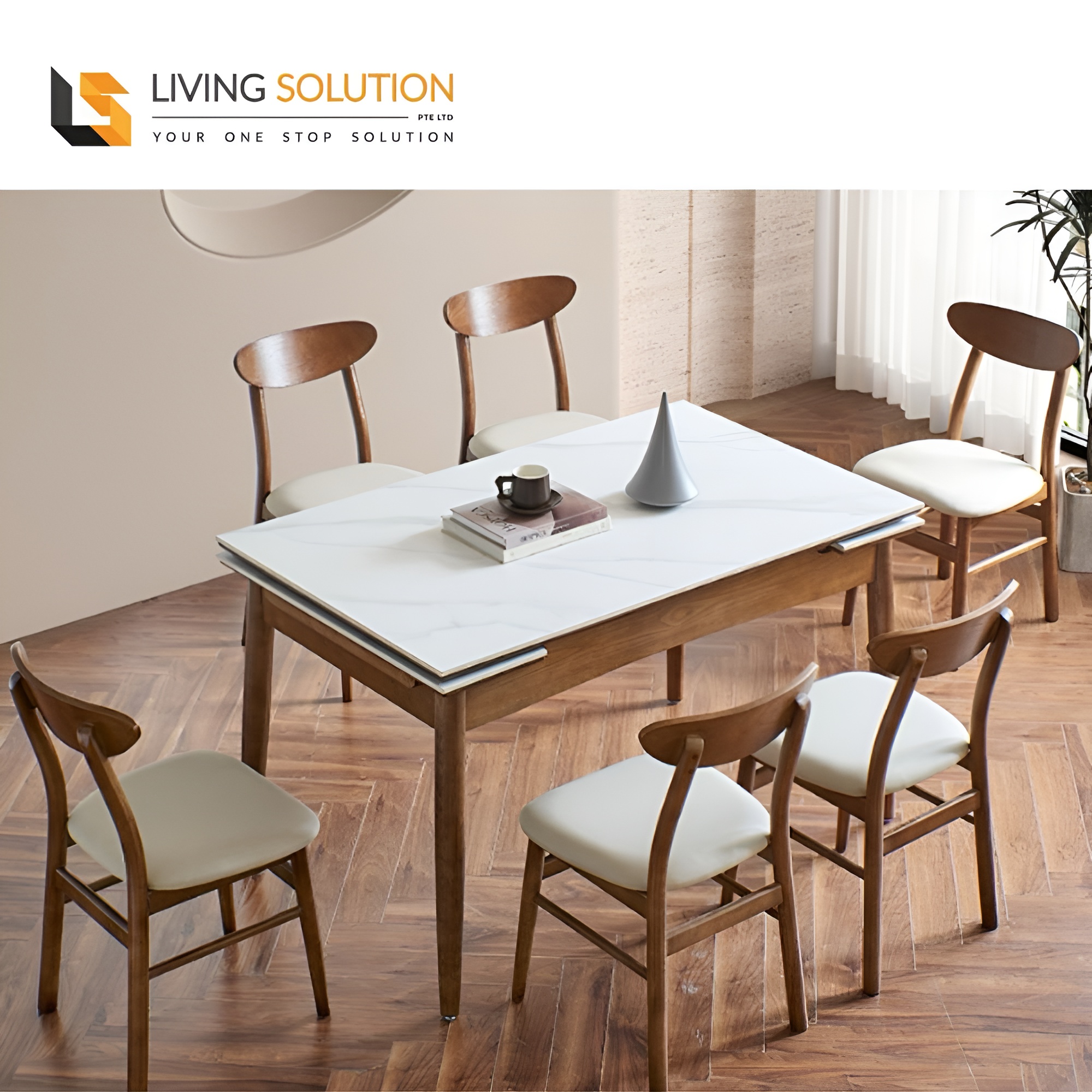 Basilic Sintered Stone Ash Wood Side Extendable Dining Table - 1 Basilic Sintered Stone Ash Wood Side Extendable Dining Table