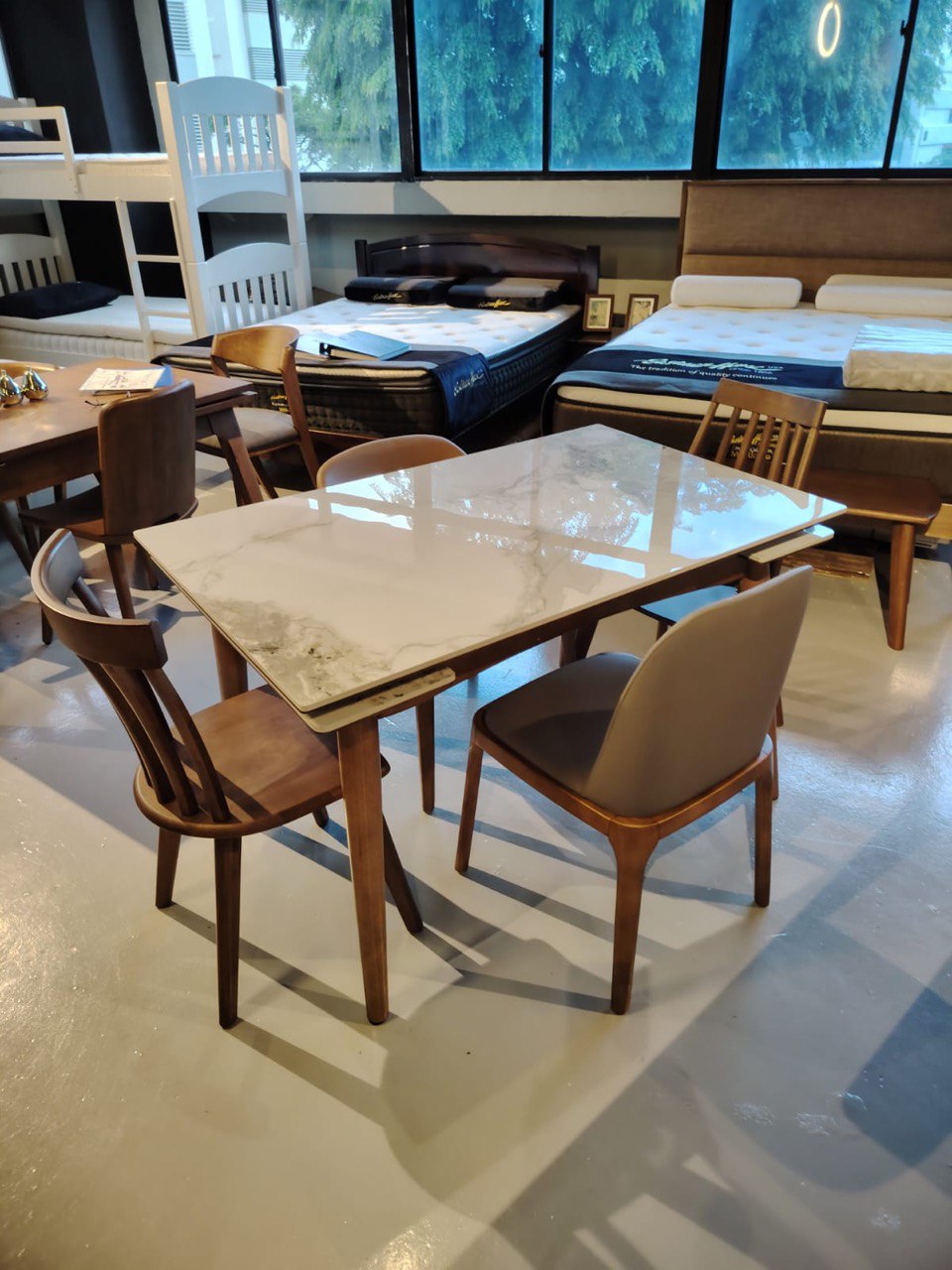 Basilic Sintered Stone Ash Wood Side Extendable Dining Table Basilic Sintered Stone Ash Wood Side Extendable Dining Table - actual photo display at experience store