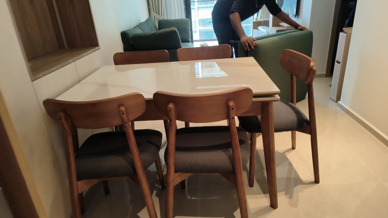 Basilic Sintered Stone Ash Wood Side Extendable Dining Table Basilic Sintered Stone Ash Wood Side Extendable Dining Table delivered to customer house