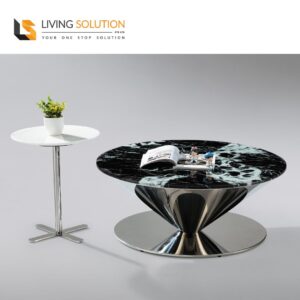 Lev Coffee Table Cultured Marble Top with Mirror Stainless Steel Base
