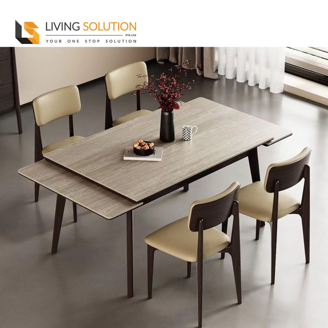 Basilic II Sintered Stone Ash Wood Extendable Dining Table with Side Extension