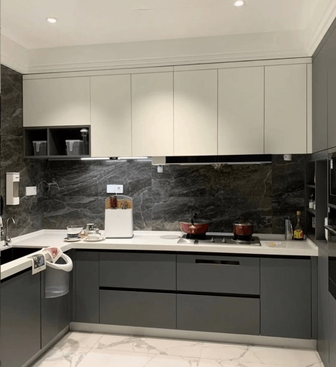 Custom Stainless Steel Kitchen Cabinet in quartz top with top mount cabinet Custom Stainless Steel Kitchen Cabinet in quartz top with top mount cabinet
