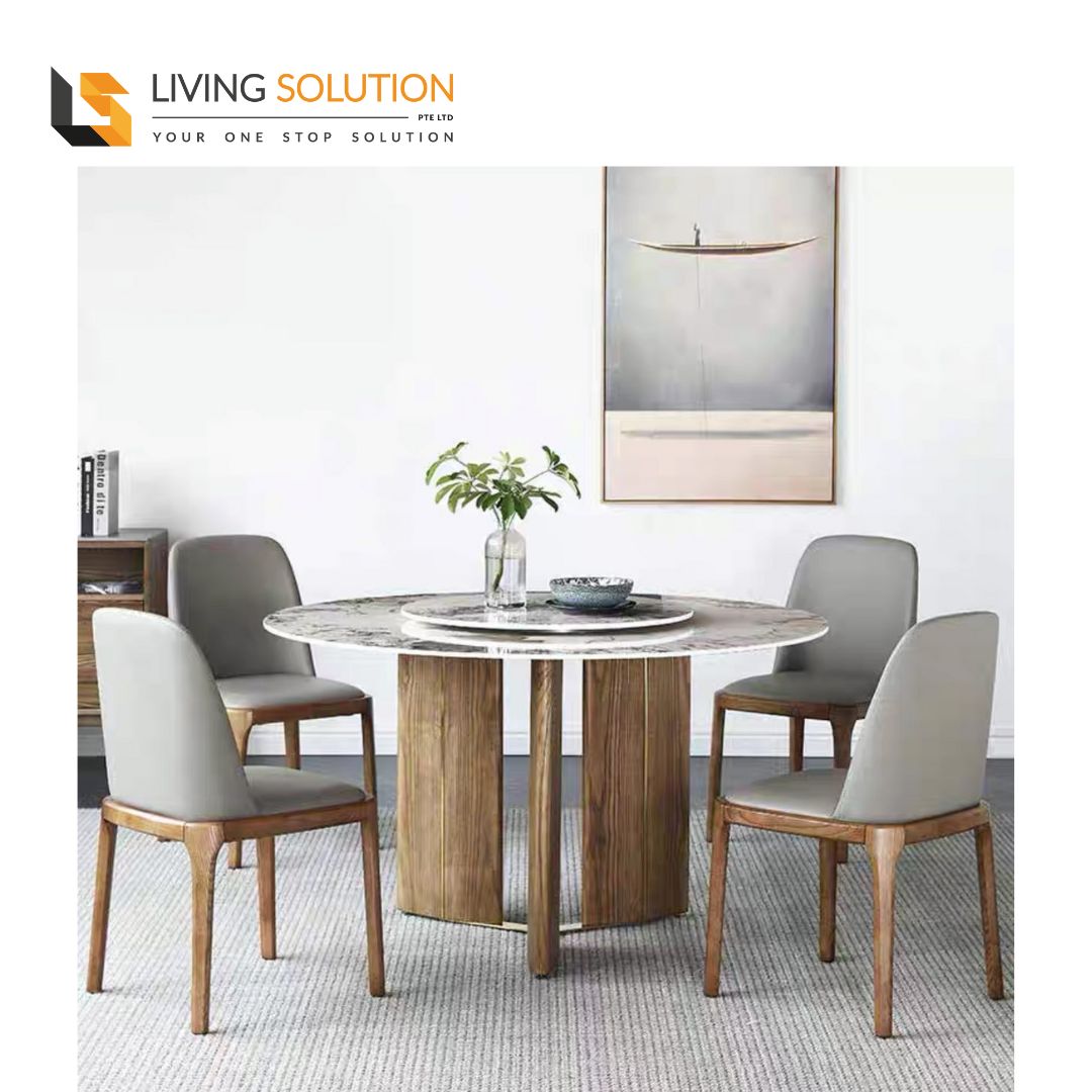 Dulce Sintered Stone Ash Wood Round Dining Table with lazy susan