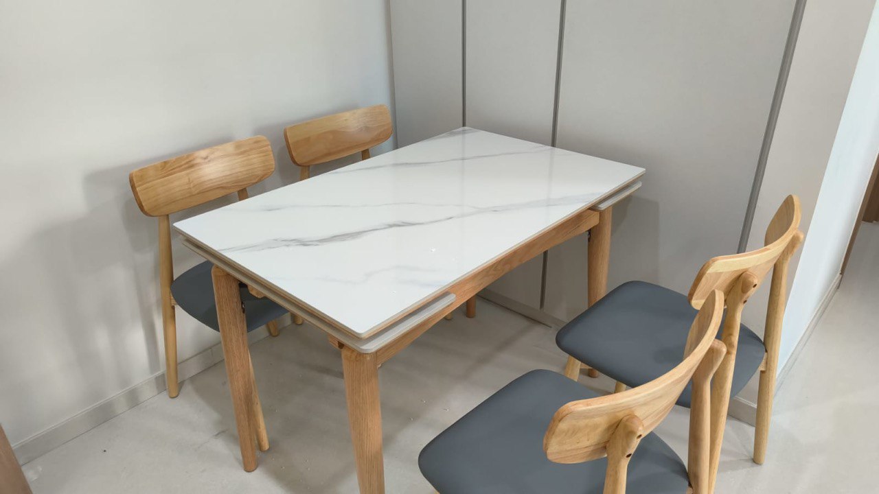 Basilic Sintered Stone Ash Wood Side Extendable Dining Table customer house of Basilic Sintered Stone Ash Wood Side Extendable Dining Table