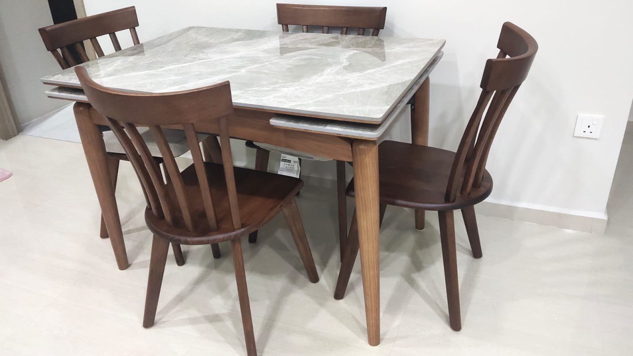 Basilic Sintered Stone Ash Wood Side Extendable Dining Table customer house of Basilic Sintered Stone Ash Wood Side Extendable Dining Table