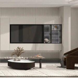 Cream Grey Custom TV Console With Cabinet and Shelving Singapore