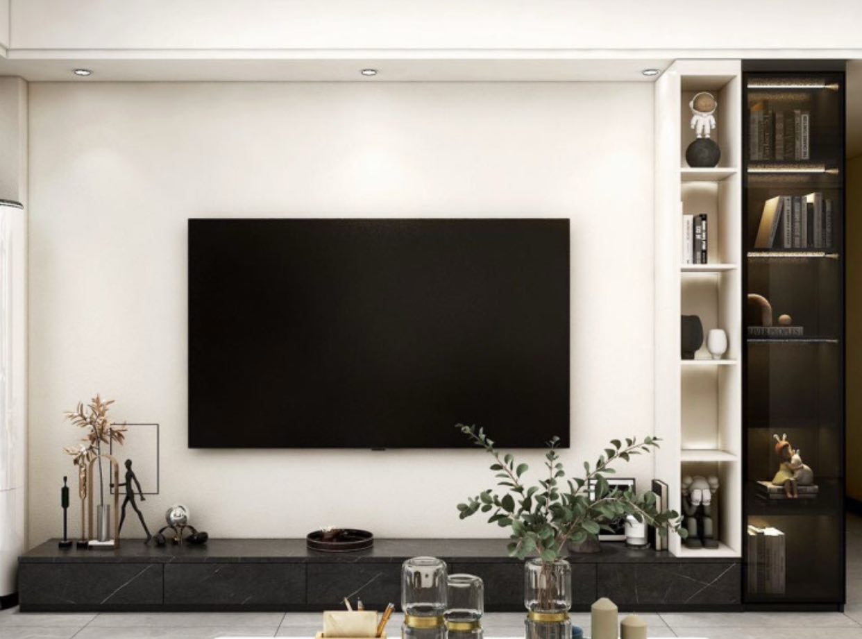 Custom Modern Black White L TV Console with glass display cabinet Custom Modern Black White L TV Console with glass display cabinet