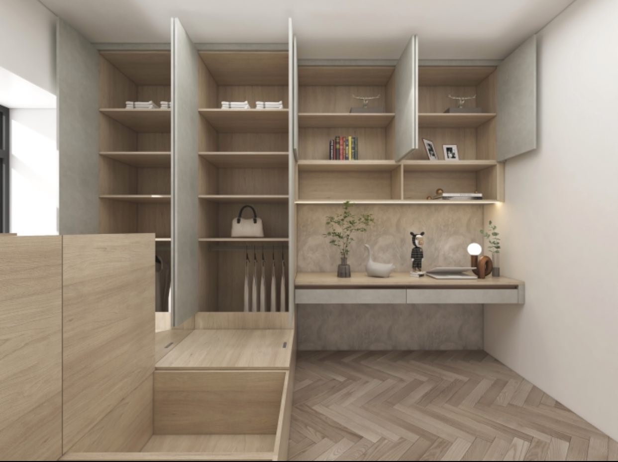 internal of Modern Custom Tatami Bed Frame with built in wardrobe, cabinet and study table in Singapore