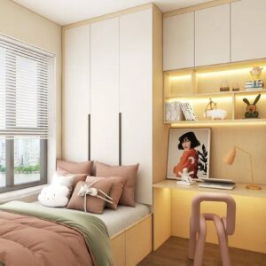 Custom Kids Junior Bed Frame with overhead Cabinet and Study Table Shelving Singapore Japandi Style