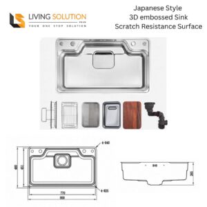 Asana 800mm Japanese Style 3D Embossed Stainless Steel Kitchen Sink