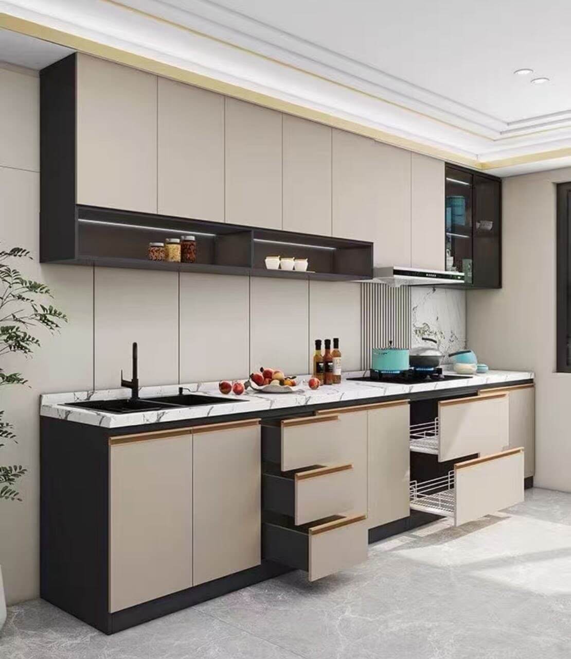 06 Customised or Modular Aluminium Kitchen Cabinet with stone top